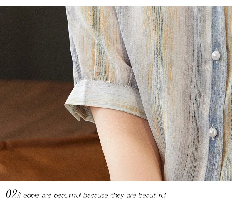 Элегантная рубашка BirdTree из 100% натурального шелка Женская Полосатая Рубашка С