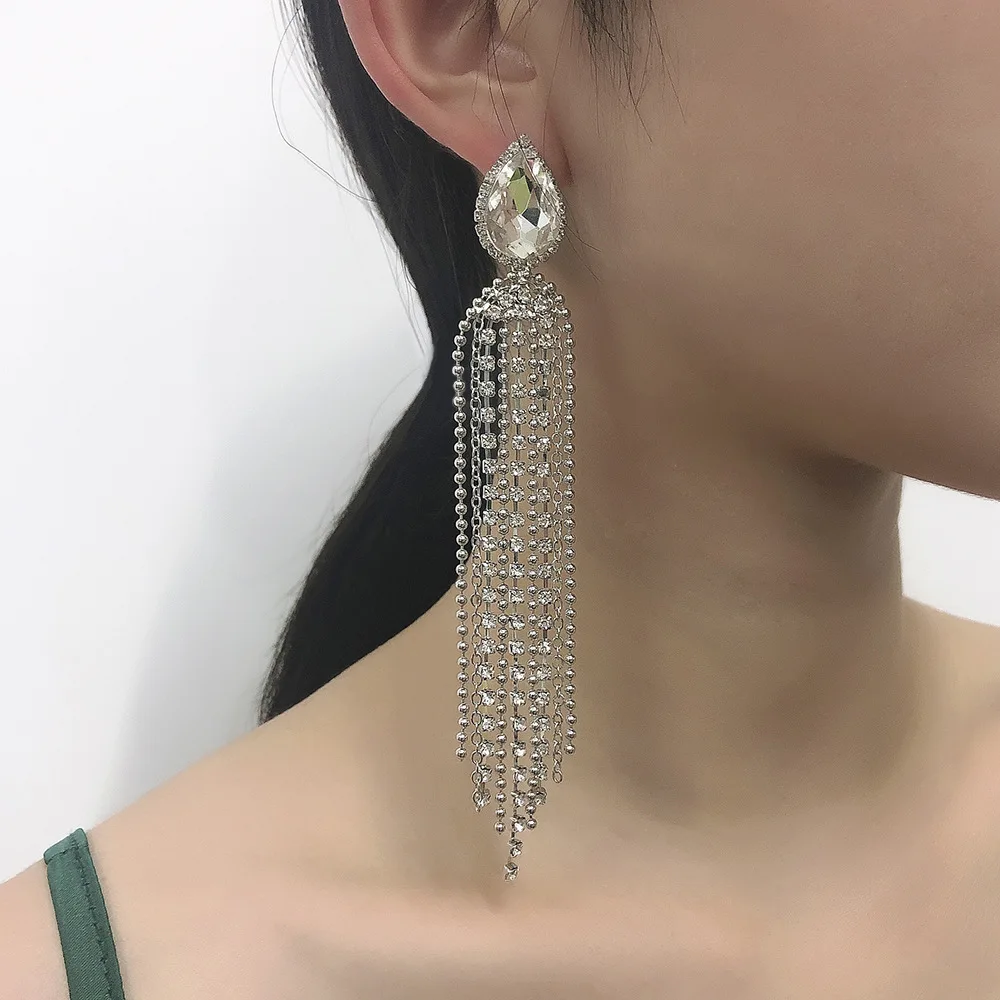 

High Quality Fashion Luxury Long Diamond Tassel Earrings