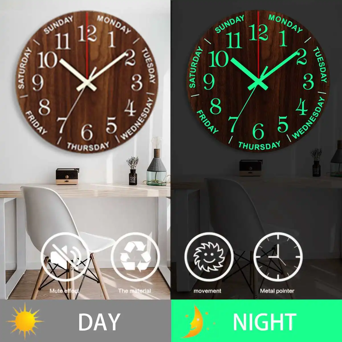 

Luminous Wall Clock,12 Inch Wooden Silent Non-Ticking Kitchen WallClocks With Night Lights For Indoor/Outdoor Living Room