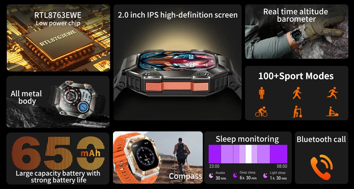 Владелец времени 2-дюймовый HD-экран 650 мАч Длительный срок службы батареи Спорт на