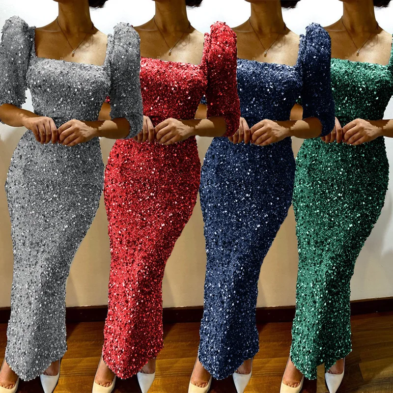 2023 new in Women Sequined Midi Dress Half Sleeve Square Collar Mermaid Sexy Party Evening Formal Dresses