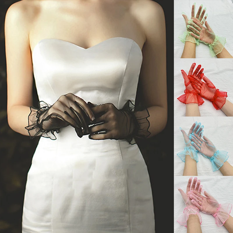 

Wedding Gloves Women Gloves Lace Full Finger Gloves Short Tulle Gloves Bridal Gloves Stretchy Lotus Leaf Sheers Black Mittens