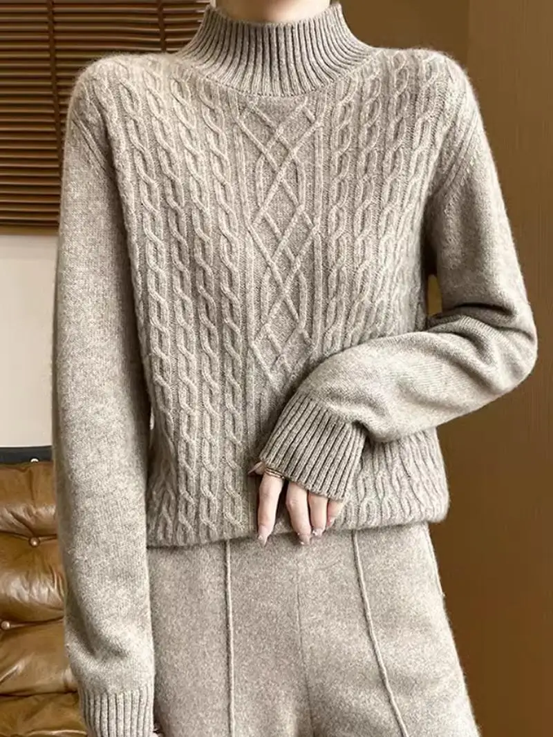 Pure Cashmere Sweater% Half-high Collar Thickened Sweater Twisted Women Autumn and Winter Loose Idle Sle Knitted Bottoming ...