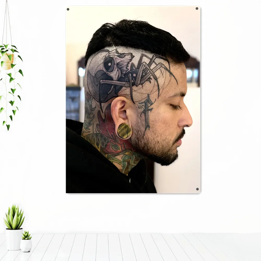 

Spider Skull Tattoo Art Poster Wall Chart Tapestry Mural Men's Short Hairstyle Barber Shop Home Decor Banner Wall Hanging Flag