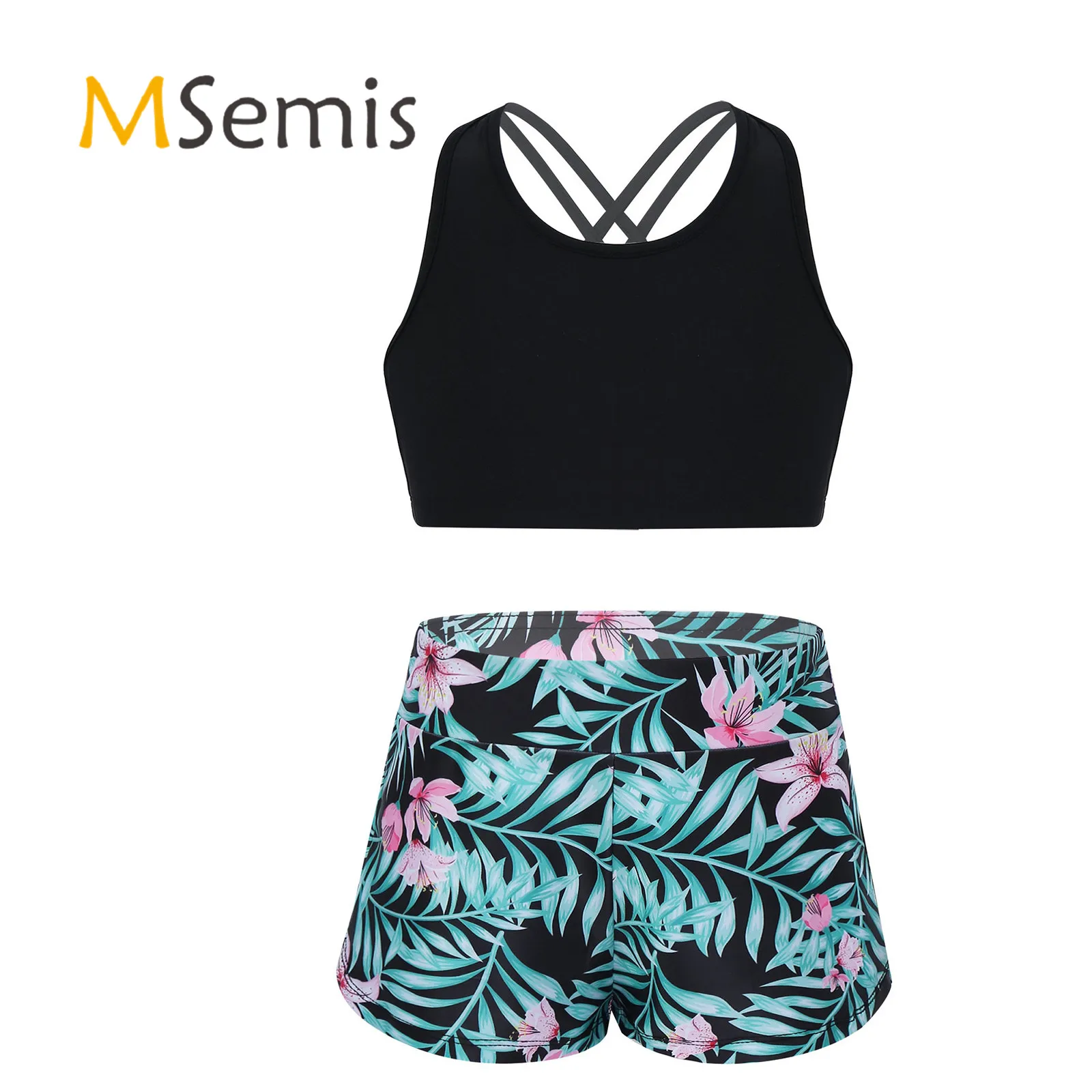 

2Pcs Kids Girls Gym Running Tracksuit Sport Suit U Neck Cropped Top Wide Elastic Waistband Pink Lily Print Shorts Set Sportswear