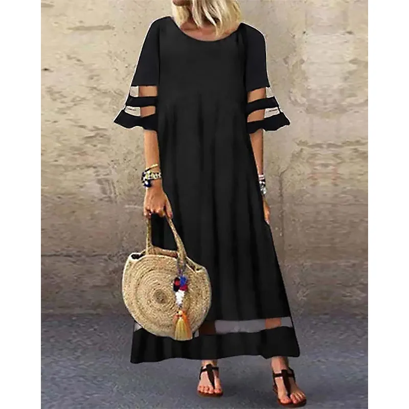 

Женское платье, новинка 2023, однотонное платье с круглым вырезом, милое однотонное свободное платье