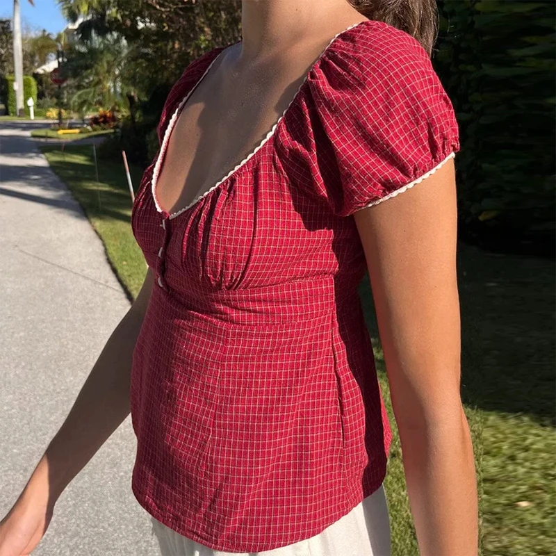 Женская милая футболка винтажная с квадратным воротником и короткими рукавами