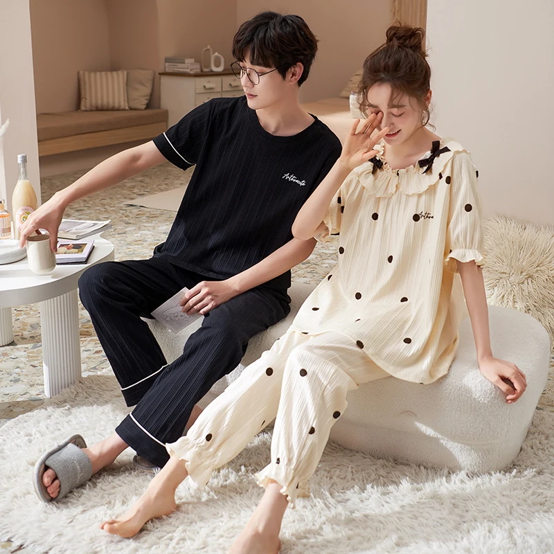 

Young Lover Pajamas Cotton Women Short Sleeve Summer Man Pyjama Loose Men Couple Pijama Set Man Sleepwear Set Shirt