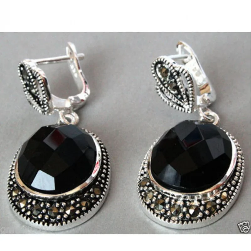 

hot sell new - Vintage 925 Sterling Silver Natural Faceted Black jade Onyx Marcasite Earrings