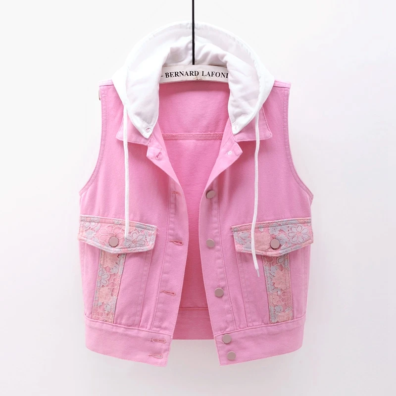 

Women Denim Vest 2023 Spring Lace Embroidery Pocket Short Hooded Waistcoat Sleeveless Jacket Slim Jeans Vest Ladies Tops H232