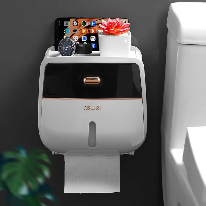 

Bathroom Tissue Holder Wall Mounted Toilet Paper Box Waterproof Roll Paper Storage Rack Double Layer Organizer Shelf With Drawer