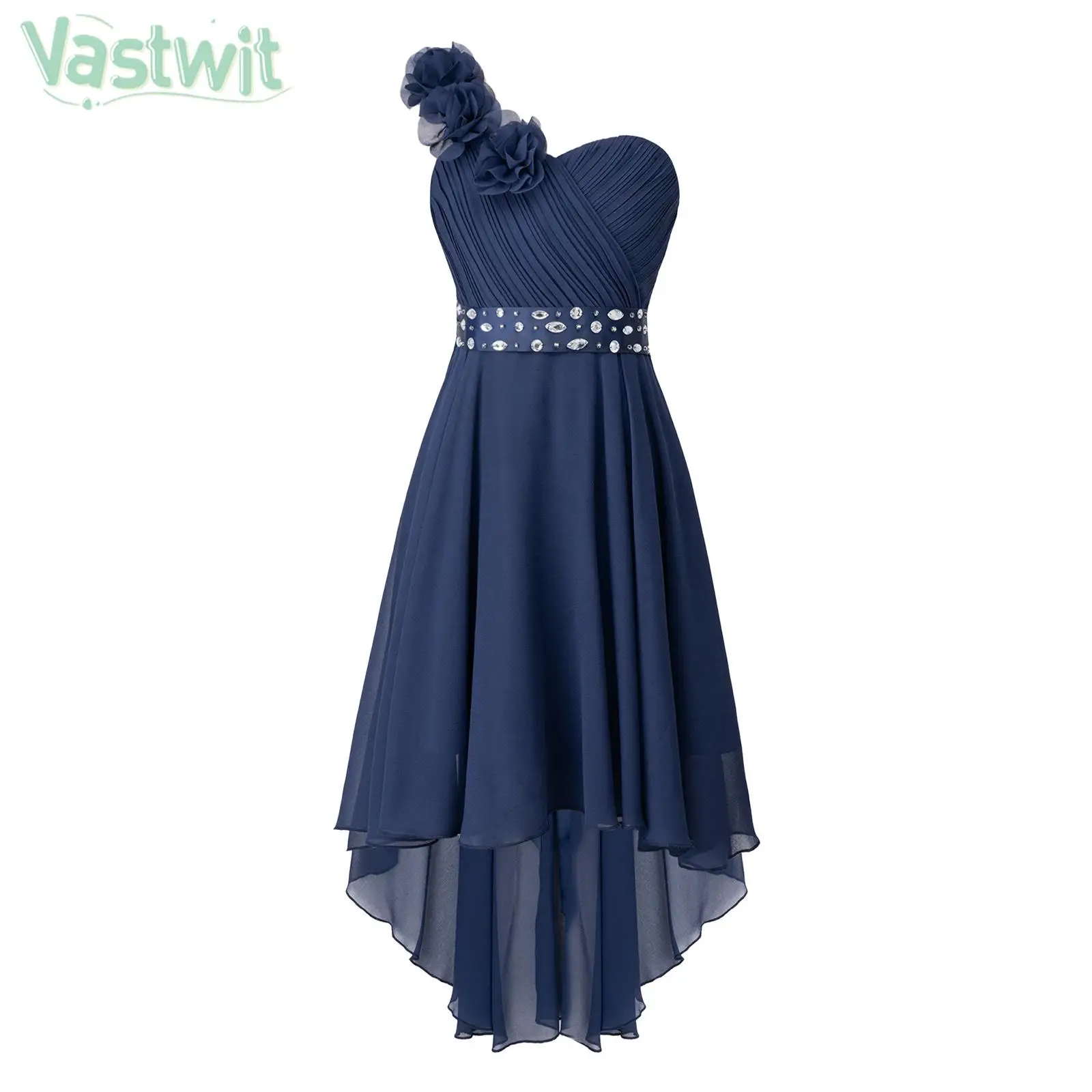 

Kids Girls Prom Evening Wedding Birthday Party Dress One Shoulder Asymmetrical Hem Chiffon Princess Dress with Detachable Sash