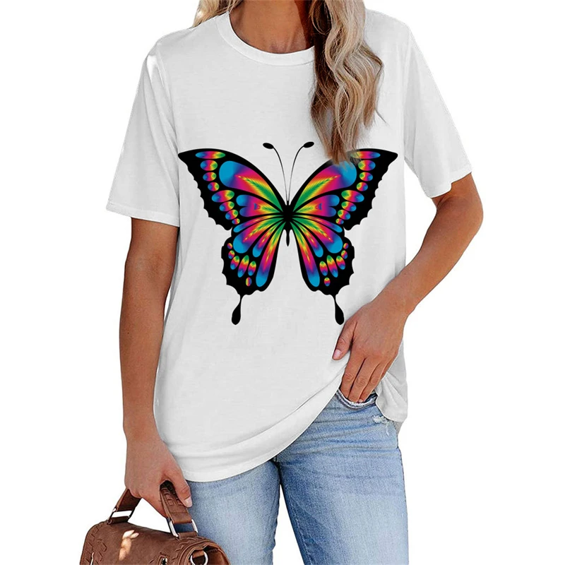 

Women's Short-sleeved 3d Butterfly Print T-shirt Elegant O-neck Top Simple and Versatile Harajuku Loose T-shirt Summer Fashion