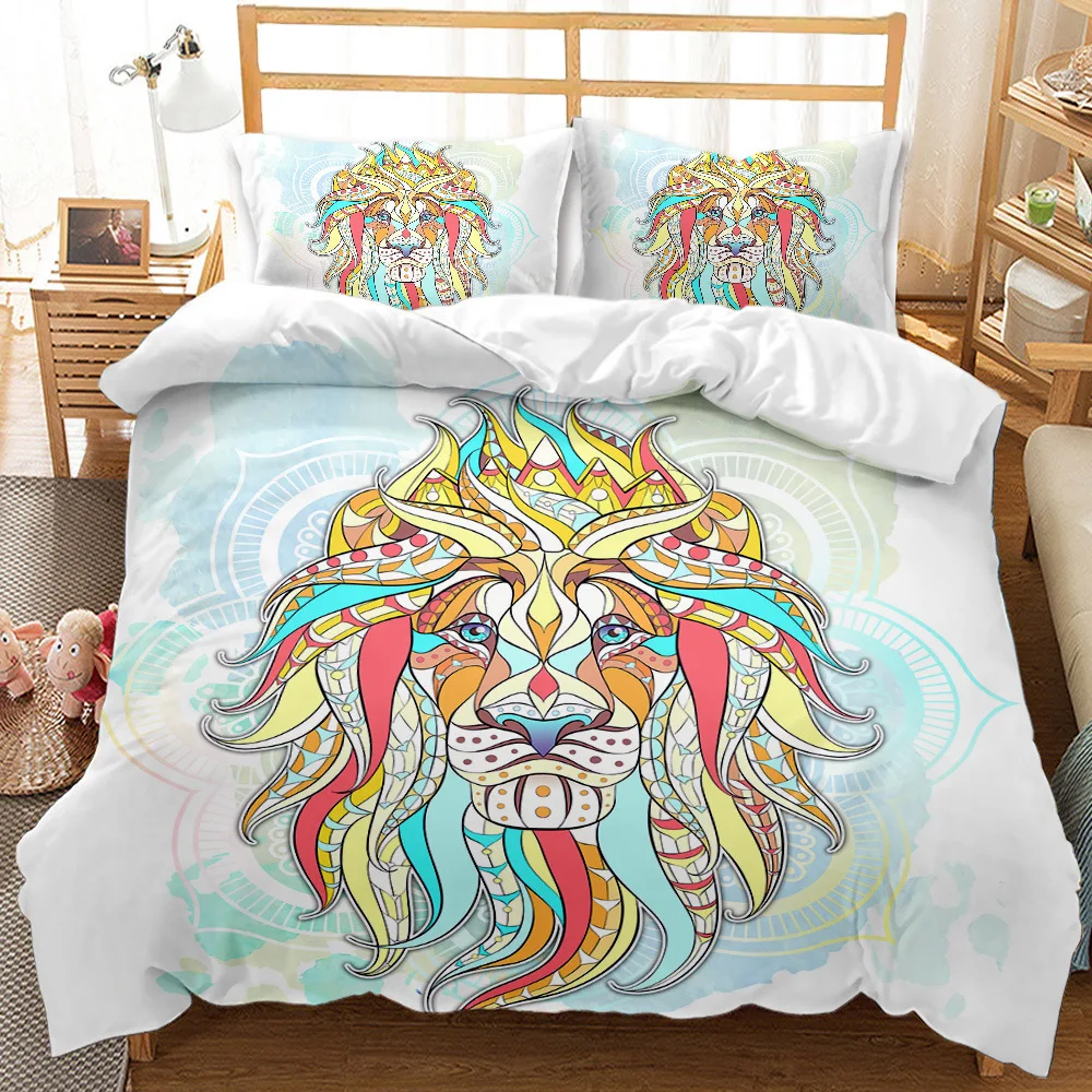 

Bohemian Animal Bedding Set King/Queen Size,Vintage Elephant Wolf Lion Fox Tribal Wildlife Polyester Quilt Cover Boys Kids Teens