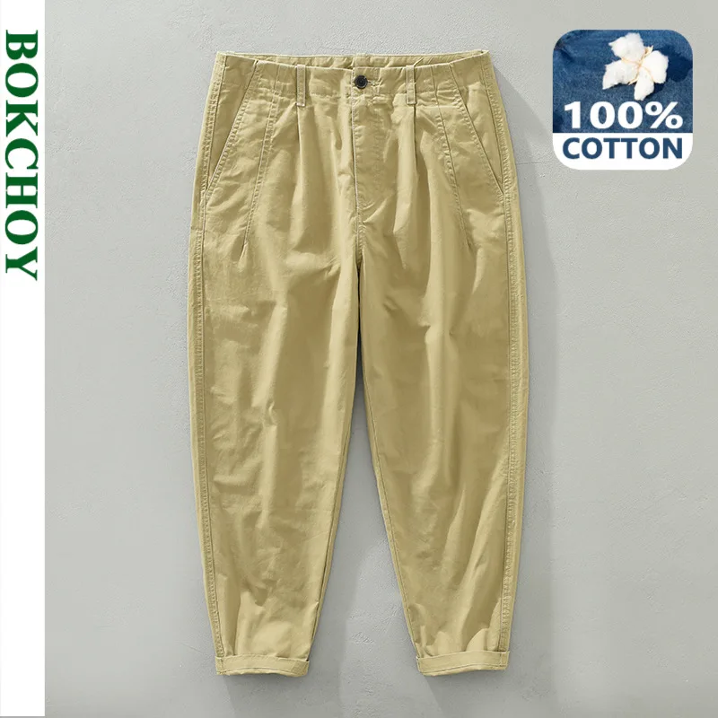 

Spring Summer New Men Straight Cargo Pants Khaki Loose 100% Cotton Casual Trouser GC-2607