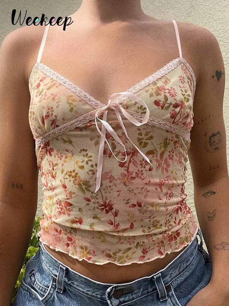 

Weekeep/милый кружевной топ с v-образным вырезом на бретельках и оборками без рукавов с цветочным принтом Kawaii, летняя женская футболка, корсет н...