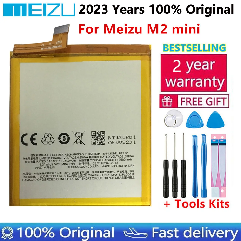 

100% Original Mobile Phone Battery BT43C For Meizu M2 mini Meilan 2 M2mini Replacement Battery 2500mAh Phone Batteries +Tools