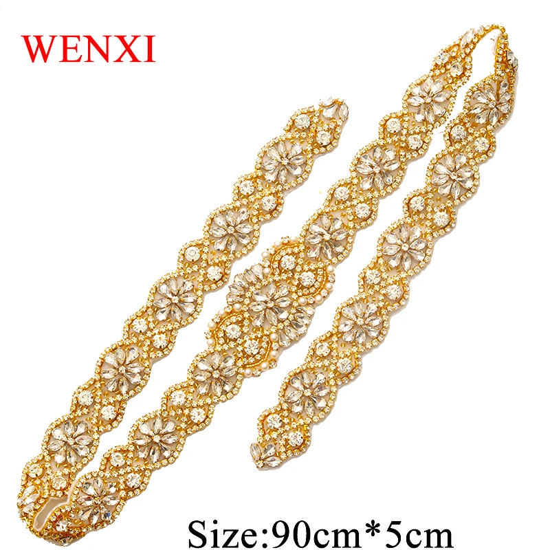 

WENXI 1PCS Full Length Bride Gown Sash Rhinestones Appliques Sew On Wedding Dress Belt Clear Rose Gold Crystal Accessories WX893