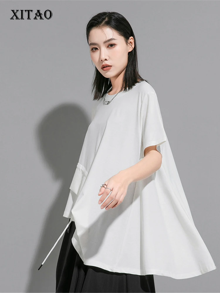 

XITAO Irregular T Shirt Fashion Pleated Pullover Solid Color Small Fresh Casual Style 2022 Summer Minority Loose Tee WLD8011