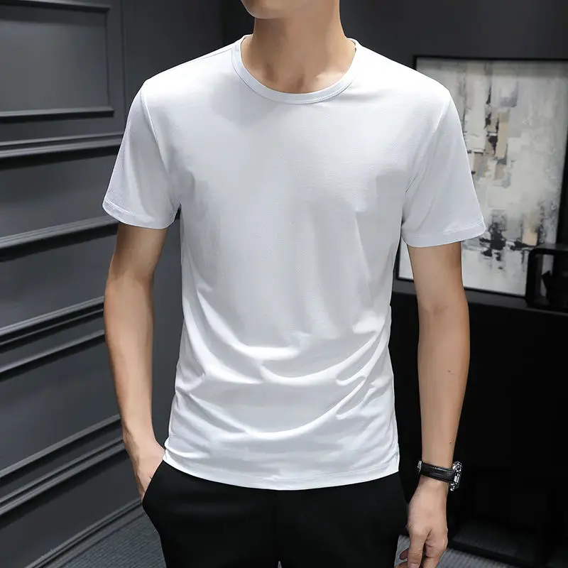 

Мужская Тонкая Однотонная футболка из ледяного шелка с короткими рукавами, облегающая бесшовная футболка с круглым вырезом, топы для тренировок, Q233, лето 2023