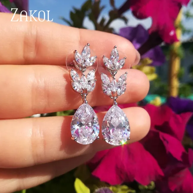 Фото ZAKOL романтические изысканные висячие серьги с кубическим цирконием в форме капли воды для женщин, модные свадебные ювелирные изделия с лист... №4
