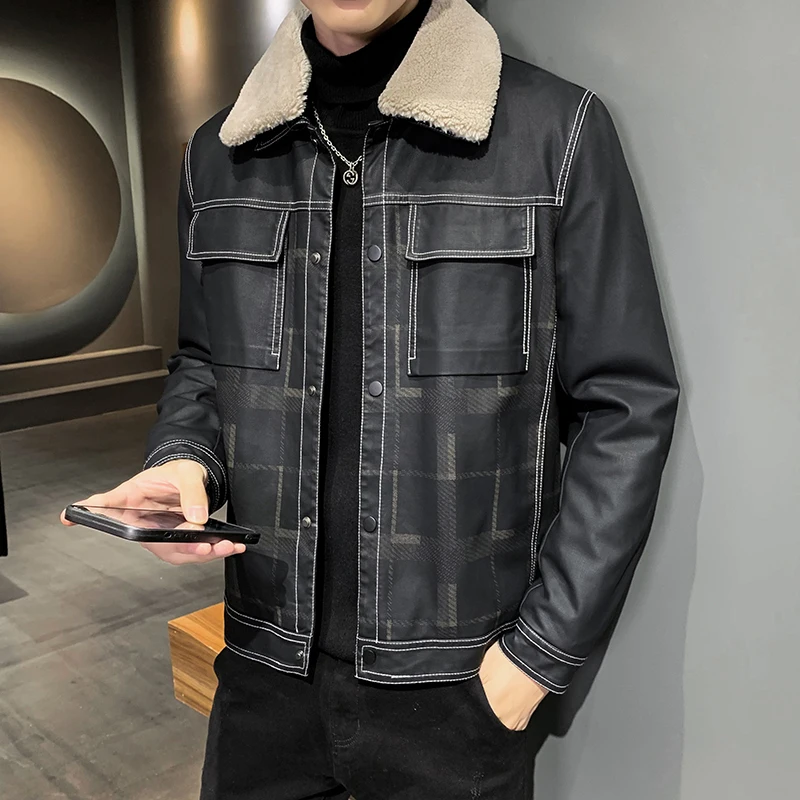

Winter Leather Jackets Men Lattice Stitching Motorcycle Bike PU Leather Jacket Plush Thick Fake Fur Collar Overcoat Windbreaker