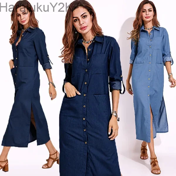 

Single Breasted Side Open Long Sleeve Denim Dress Ladies Casual Shirt Collar Solid Color Multiple Pockets Denim Skirt Mom Dress