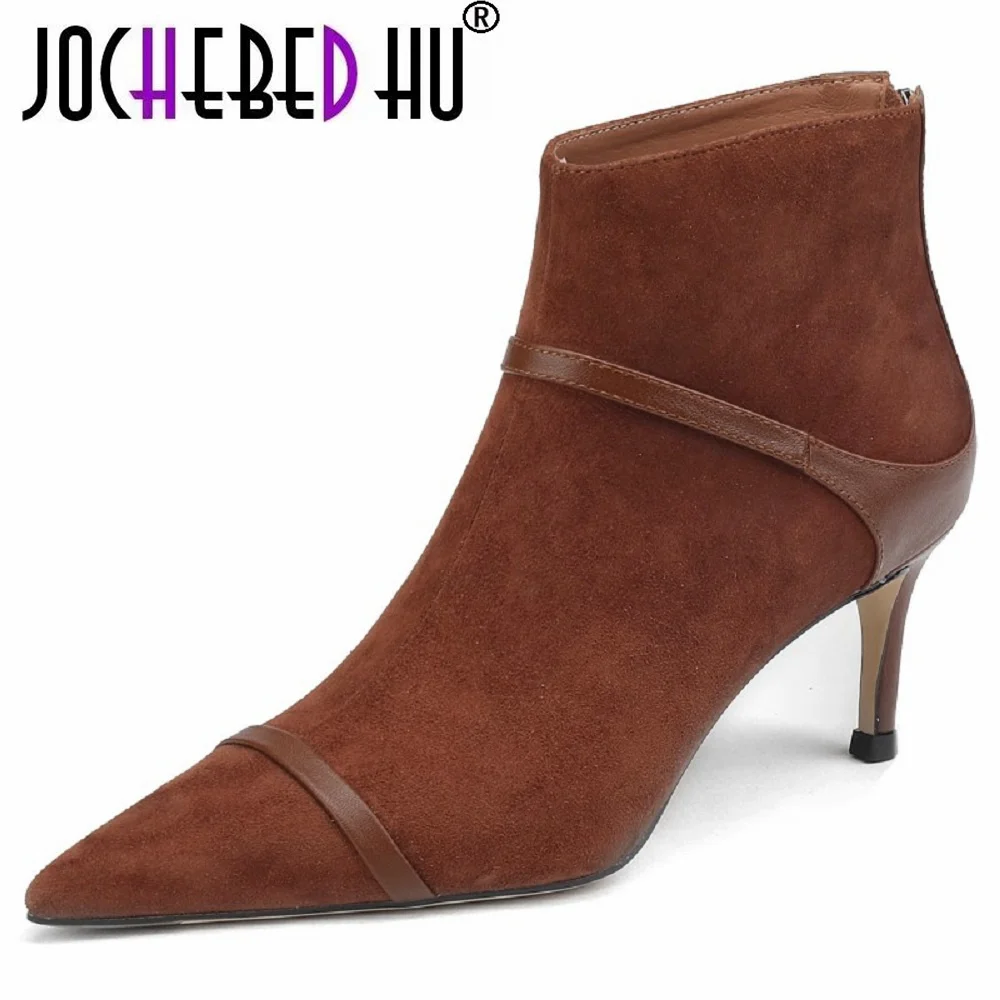 

【JOCHEBED HU】Brand High Heel Ankle Boots Women Pointed Toe Suede Genuine Leather Modern Boots Booties Female
