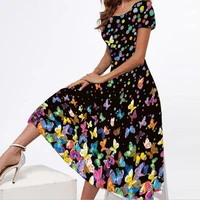 2022 new fashion womens y2k elegant and fresh square neck short sleeve long skirt printing large swing maxidress