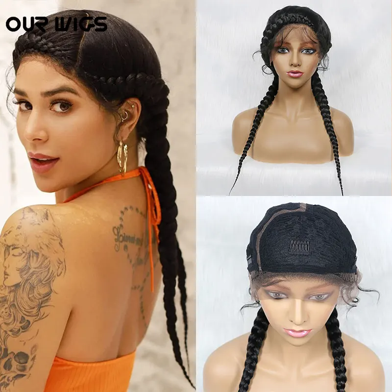 

24'' Fully Hand-Braided Lace Front Dutch Twins Braided Wigs with Baby Hair for Women No Split End Black Braided Wig Afro Wig