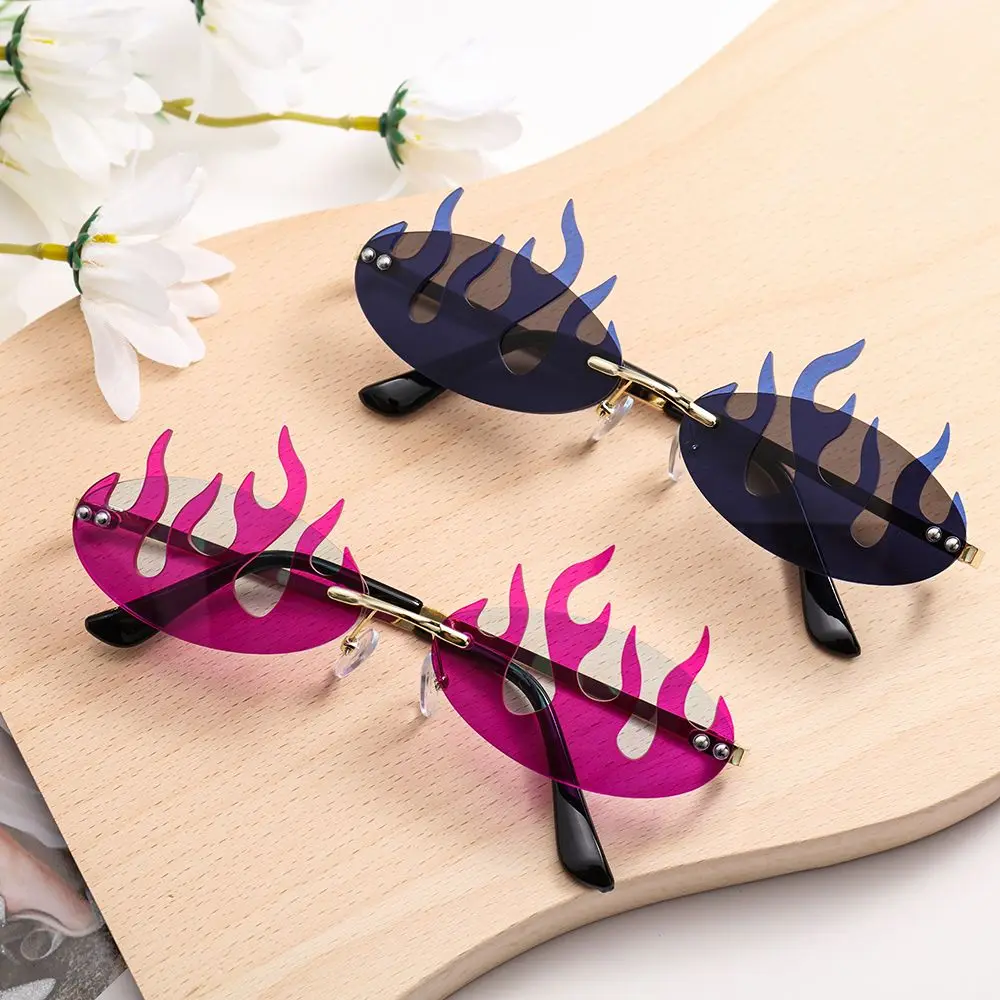 

Fashion Trending Double Lens Flame Sunglasses Novelty Flame Shaped Rimless Sunglasses Funny Party Halloween Cosplay Eyewear