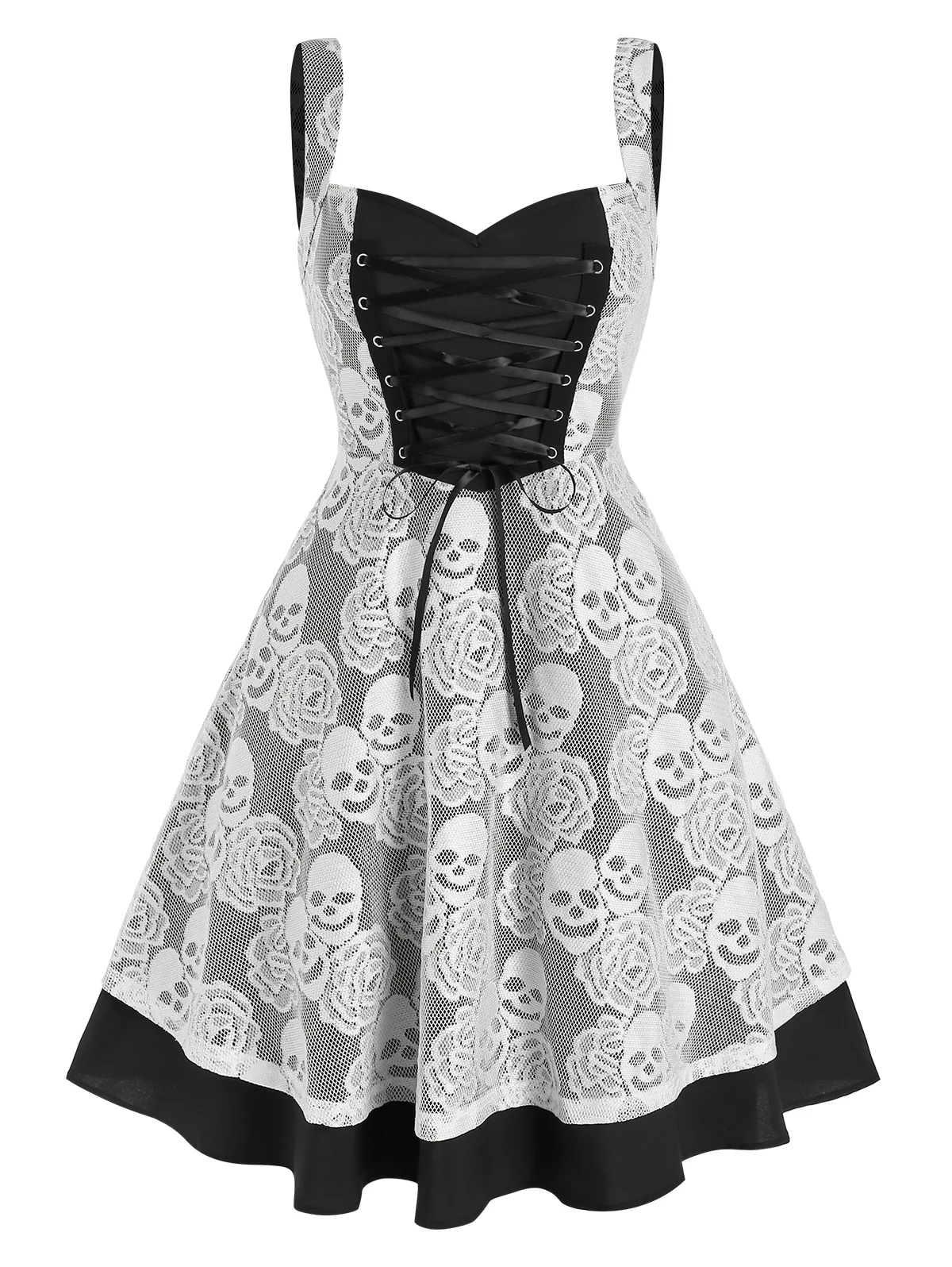 

Sweetheart Neck Floral Skull Lace Insert Dress Fit and Flare Lace Up Gothic Halloween Dresses