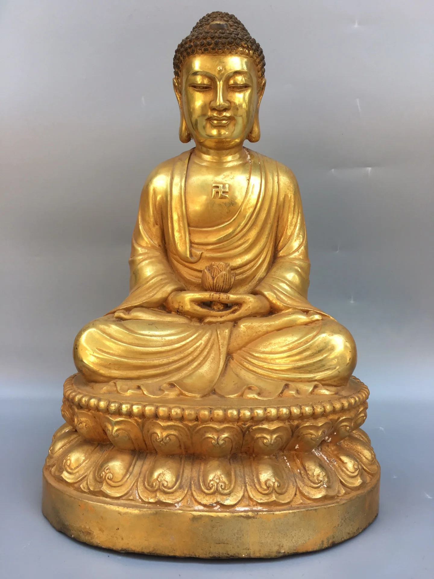 

15"Tibetan Temple Collection Old Bronze Gilt Shakyamuni Amitabha lotus platform Buddha worship hall Town house Exorcism