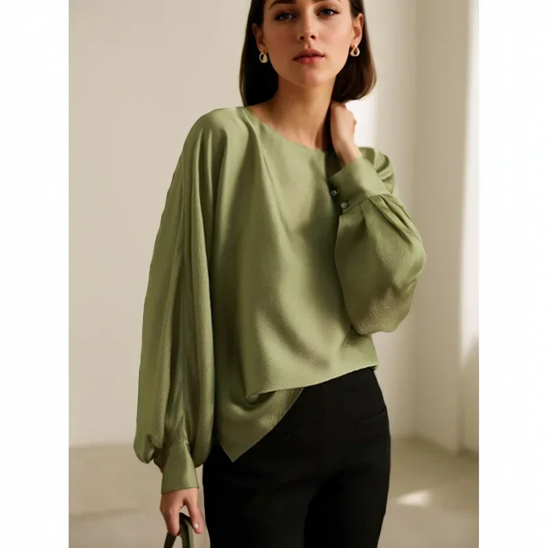 Рубашка Женская атласная с рукавами-фонариками Модный повседневный топ для
