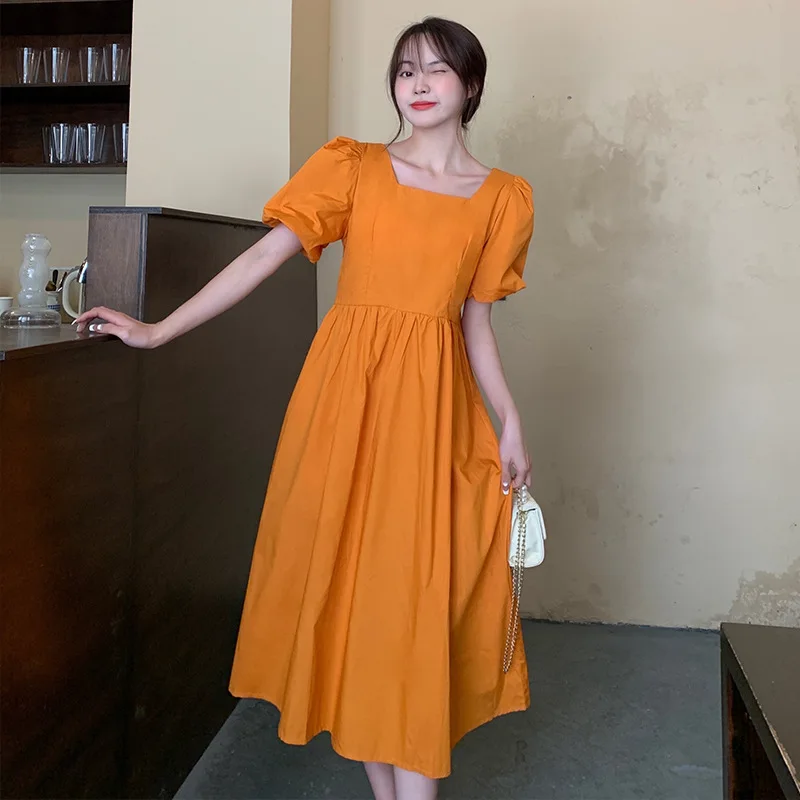

2022 Dress for Women Summer Open Back Lace Square Neck Puff Sleeve Dress Vintage Puff Sleeve High Waist Elegant A-Line Dress