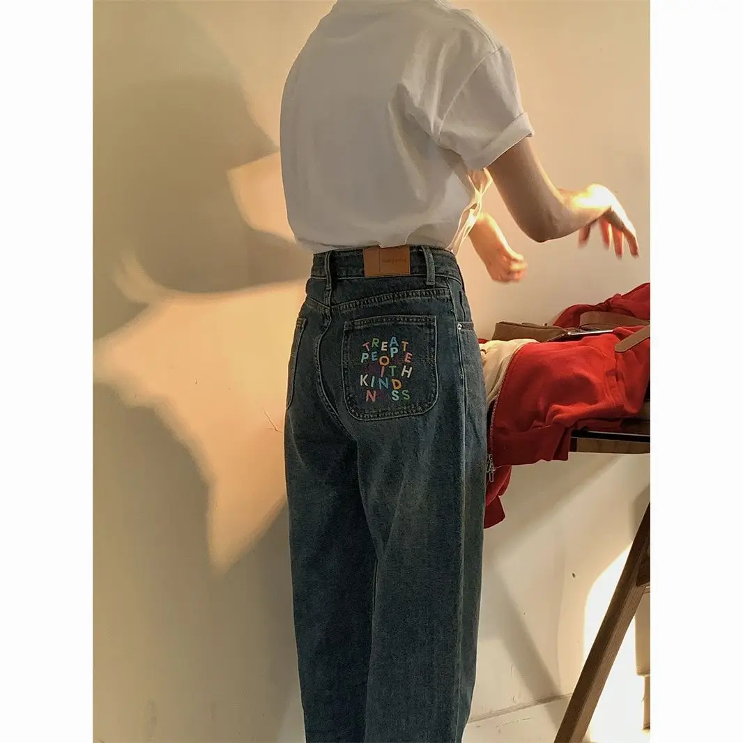 

Aqiu's Shop Vintage Embroidered Wash Blue Jeans Fall/Winter 2022 New High-waisted Loose Casual Straight-leg Pants