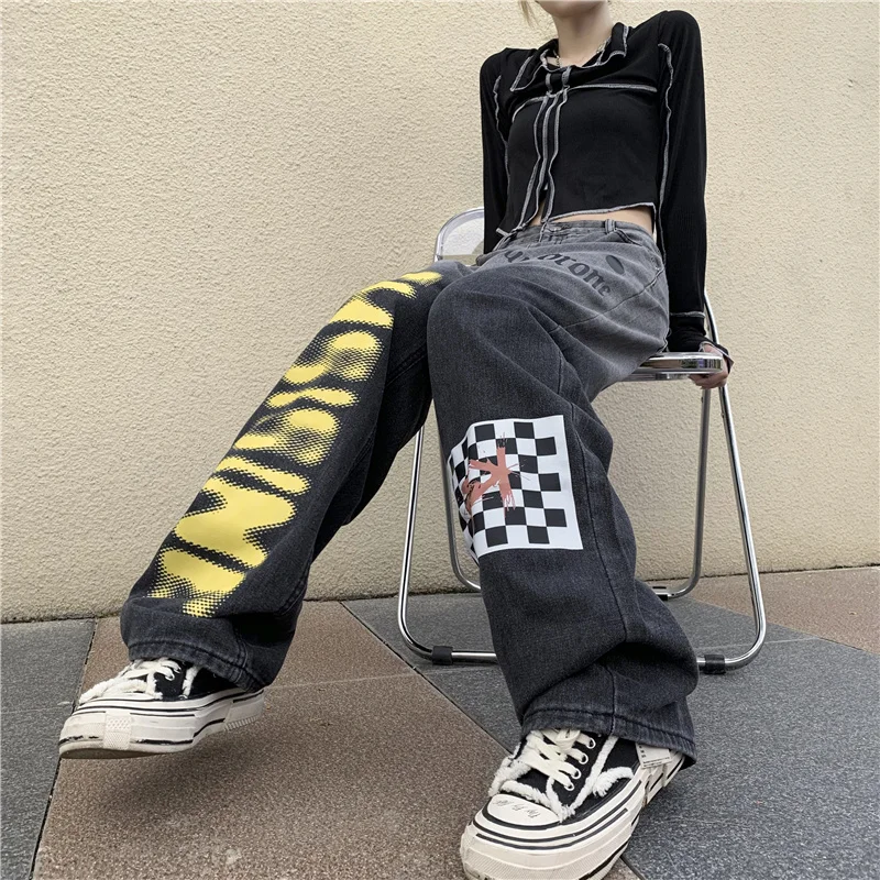 Men Jeans Ins Retro Gradient Black and White Plaid Letter Printing Casual Loose Jeans Men and Women Pants Y2k Pants Ins Hot Sale
