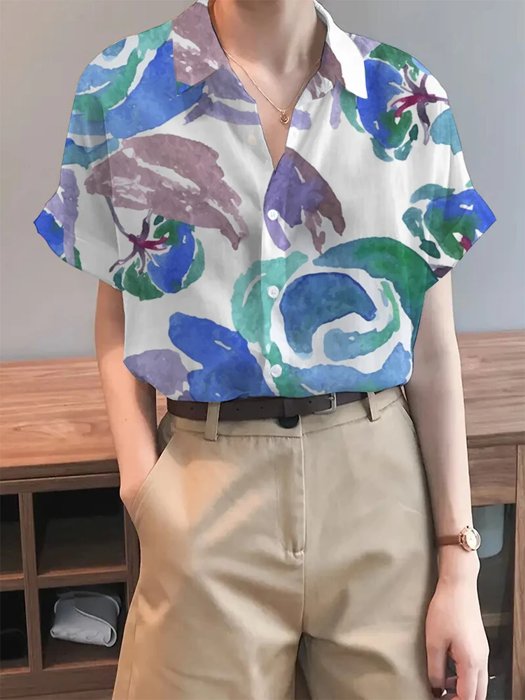 damska koszula z krótkim rękawem i klapami jednorzędowa modna letnia w kwiaty nadrukiem wygodna