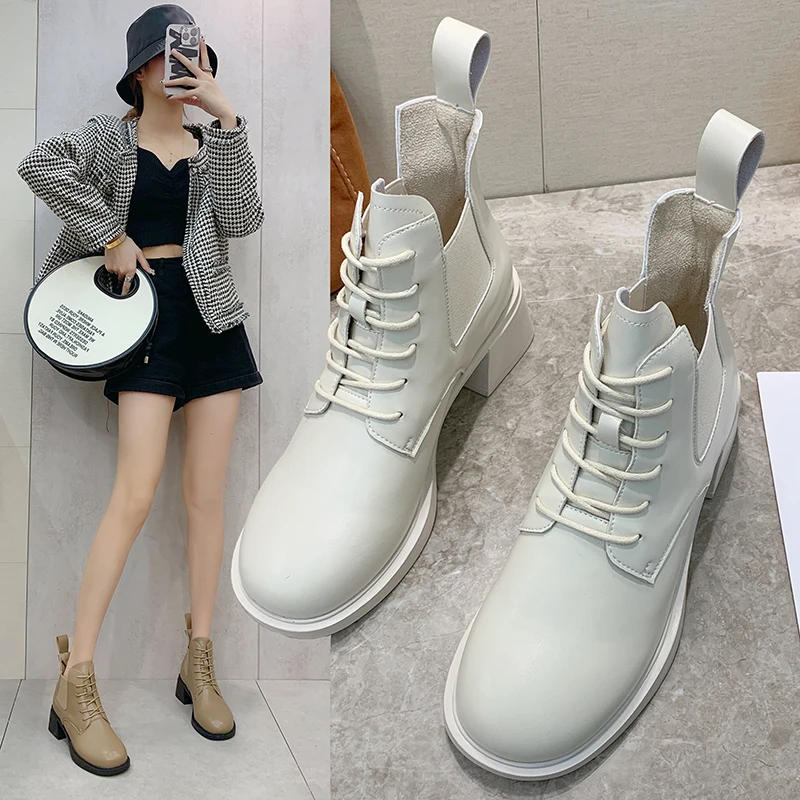 

Новинка 2022, ботинки на платформе из искусственной кожи, женские зимние ботильоны на шнуровке, модная обувь на толстом высоком каблуке, ботинки