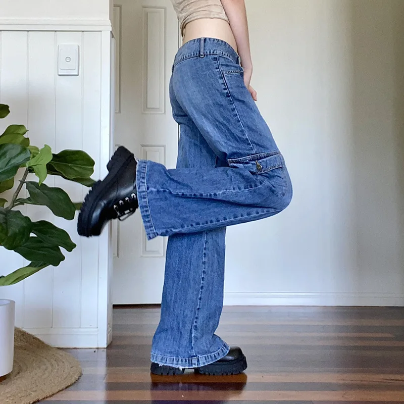 Women's Retro Y2k Low Waist Big Pocket Overalls Loose Straight Leg Mom Streetwear Boyfriend Wide Leg Casual Denim Trousers