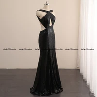 weilinsha halter black sequin evening dresses sleeveless real picture prom gowns 2022 new summer vestidos de fiesta women dress