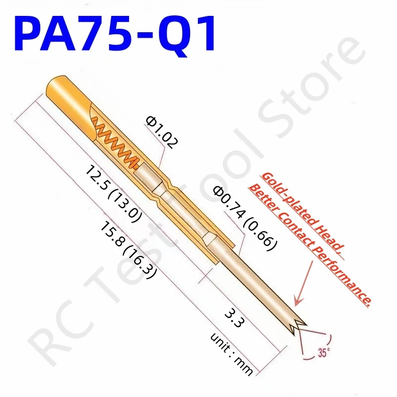 

100PCS PA75-Q1 Spring Test Probe Test Pin PogoPin PA75-Q P75-Q1 P75-Q Electrical PCB Test Tool 0.74/1.02/15.8mm Gold Needle Tip
