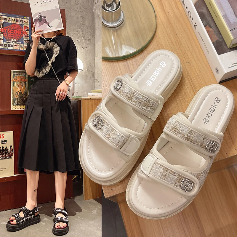 

2022 New Platform Sandals Women Lattice Round Toe Plaid Cloth Summer Casual Ladies Outdoor Shoes Zapatos De Mujer Women Sandels