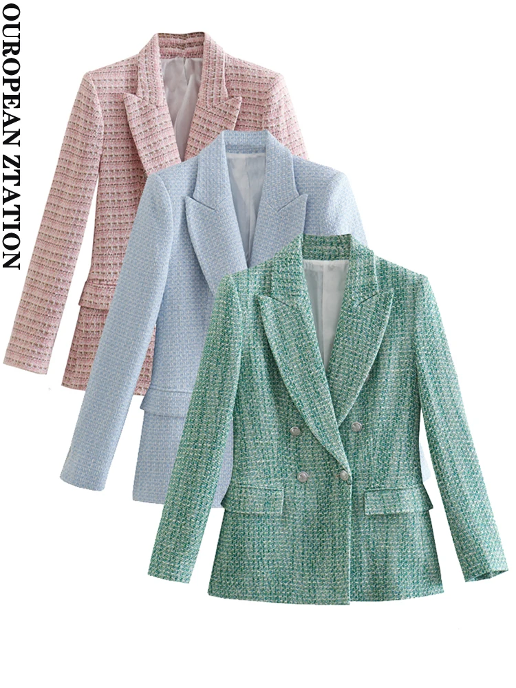 

PAILETE Women 2022 fashion double-breasted texture blazer coat vintage long sleeve flap pockets female outerwear chic veste