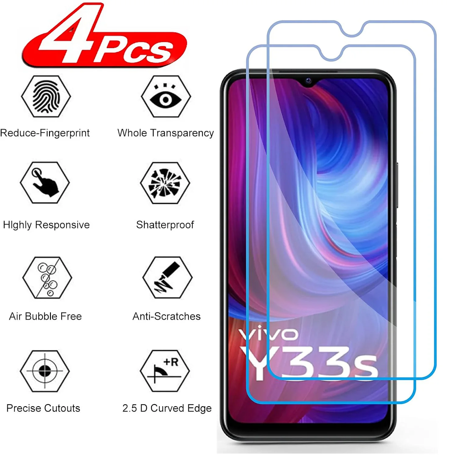 Закаленное стекло для Vivo Y33, Y33s, Y33t, Y20S, Y30G, Y31, Y31s, Y32, Y33e, Y35, Y30, 4 шт.