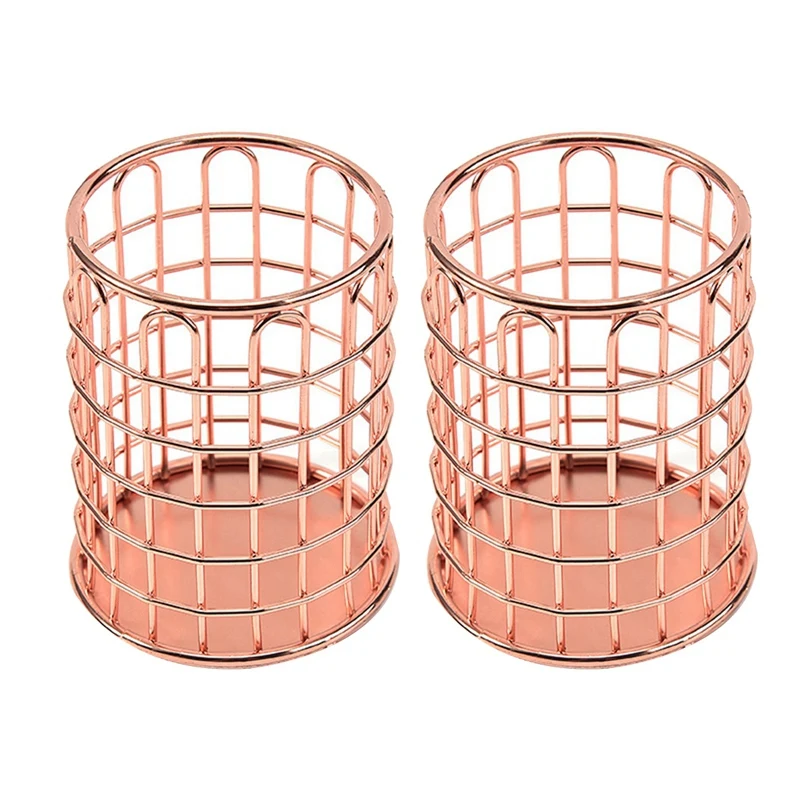 

2 Pack Metal Pencil Holders Pen Pot Organiser Makeup Brushes Holder For Desk Office, Rose Gold