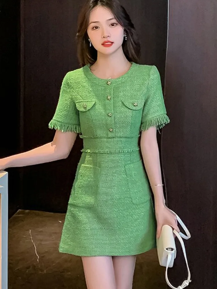 

Женское твидовое платье с бахромой, винтажное приталенное шерстяное мини-платье в Корейском стиле, лето