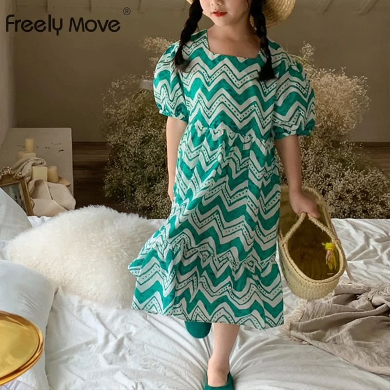 

Freely Move Children Suit 2022 Summer Boys and Girls Printed Korean Style Suit Cotton Puff Sleeve Dress Brother and Sister Suit