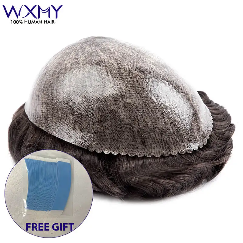 Парик для мужчин Полная кожа Мужской парик 0 12-0 14 мм Пу с шифоновым мужским