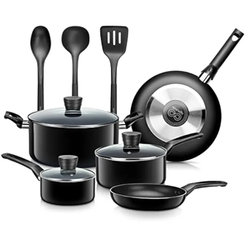 

Кухонные кастрюли и сковороды, базовая кухонная посуда, черное антипригарное покрытие внутри, термостойкий лак (набор из 11 предметов)